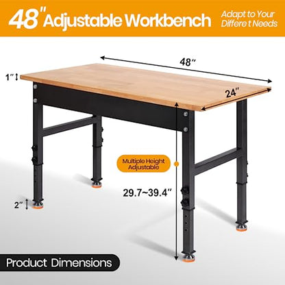 48" Adjustable Work Bench, Rubber Wood Top Heavy-Duty Workbench, 2000 LBS Load Capacity Hardwood Worktable, for Garage, Workshop, Home, Office, Easy - WoodArtSupply