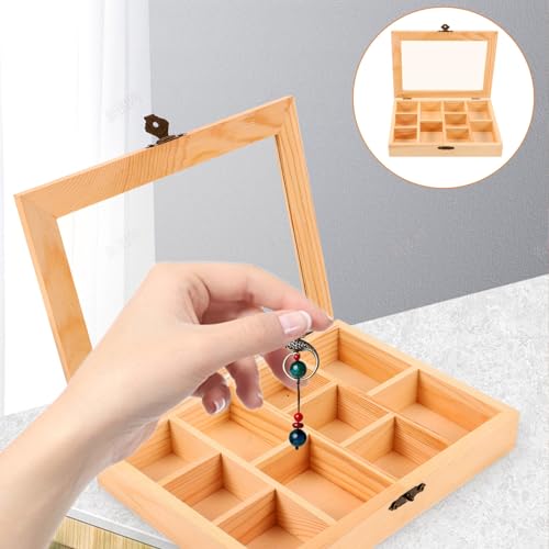 Zerodeko Unfinished Wooden Jewelry Box, with Lid, DIY Jewelry Storage Box 10 Compartment Sundries Organizer Classic Jewelry Box Jewelry Organizer Box