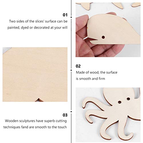 Healifty 24Pcs Marine Animal Wood Chips Unfinished Woods Slices Natural Unfinished Wood Slices Hanging Unfinished Wood DIY Wood Slice Octopus Decor Healifty