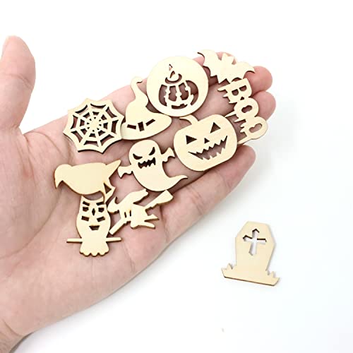 yueton 100PCS Mini Pumpkins Ghosts Spider Webs Witch Hats Bats Halloween Unfinished Blank Wood Pieces Wood Slices Wood Chips Embellishments for DIY yueton