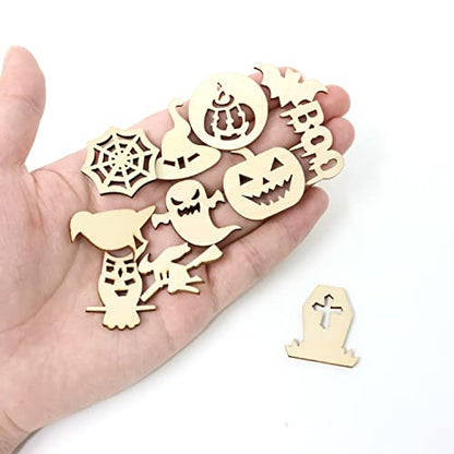 yueton 100PCS Mini Pumpkins Ghosts Spider Webs Witch Hats Bats Halloween Unfinished Blank Wood Pieces Wood Slices Wood Chips Embellishments for DIY - WoodArtSupply