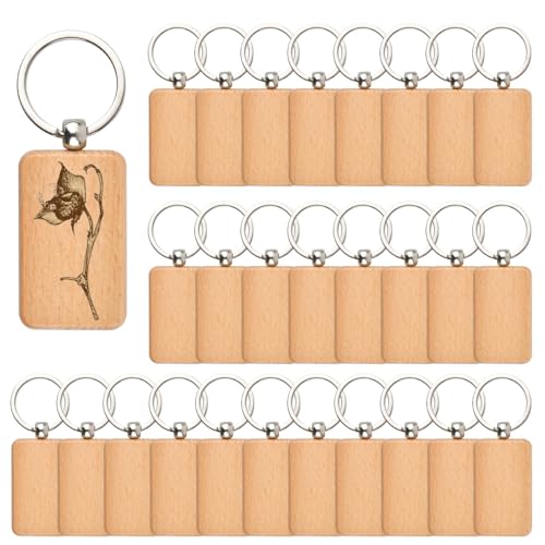 OTYMIOW 30PCS Wooden Keychain Blanks Unfinished Wood Keychain Blanksd Key Ring Key Tag Wood Engraving Blank Wooden Keychains Wood Blanks Key Chain - WoodArtSupply