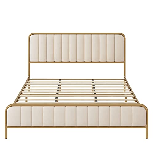 HITHOS Queen Size Upholstered Bed Frame with Button Tufted Headboard and Heavy Duty Metal Base - WoodArtSupply