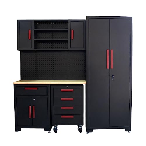 HPDMC 6-Piece Garage Shop Tool Storage Cabinet Set with Pegboard and Wooden Work Top 24 Gauge Steel Tool Chests & Garage Mounted Storage Systems - WoodArtSupply