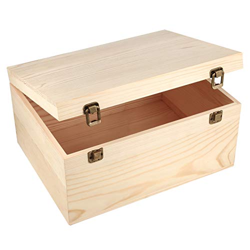 Woiworco Extral Large Wooden Box, 13 x 10 x 6.5 inch Natural Unfinished Pine Wood Boxes with Hinged Lid and Front Clasp for DIY Craft Art, Hobbies,