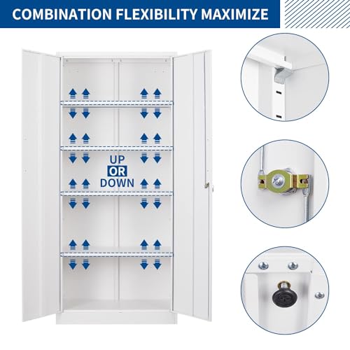 Fesbos Metal Storage Cabinet-71” Tall Steel File Cabinets with Lockable Doors and Adjustable Shelves-White Steel Storage Cabinet for Home, School, Fesbos