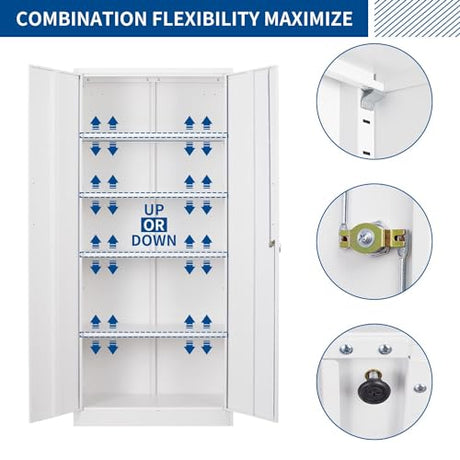 Fesbos Metal Storage Cabinet-71” Tall Steel File Cabinets with Lockable Doors and Adjustable Shelves-White Steel Storage Cabinet for Home, School, Fesbos
