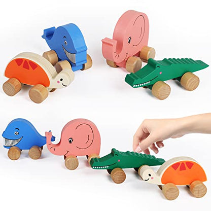 TOWO Wooden Cars for Toddlers - Animals on Wheels - Vehicles Sensory Grasping Motor Skill Toy –Push and Go First Trucks for Baby 12 Months 1 Year Old