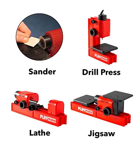 PLAYmake Kids’ 4-in-1 Woodshop Carpentry Cool Tool with Jigsaw, Lathe, Drill Press, Sander, Power Supply, Safety Goggles, Extra Supplies, and Deluxe HearthSong