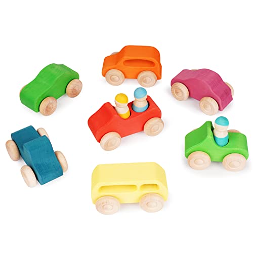 Agirlgle Montessori Wooden Car Toys - 7 Rainbow Wooden Vehicle Set Toy for Toddlers and Babies 3 Wooden Peg Doll, Colorful Pretend Play Wooden Push Agirlgle