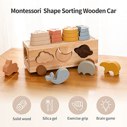 Samonyed Shape Sorter Toys for Toddlers 1-3 Montessori Stack Toy Car for 1 Year OldBaby Blocks Sorting Wooden&Silicone Educational Car Stacking Toys