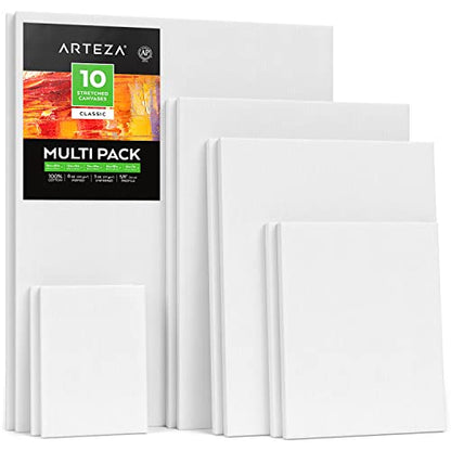 Arteza Stretched Canvas, Multipack of 10, 5 x 7, 8 x 10, 11 x 14, 12 x 16, 16 x 20 Inches – 2 of Each, 100% Cotton, 8 oz Gesso-Primed, Art Supplies - WoodArtSupply