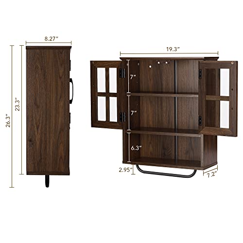 RUSTOWN Wood Wall Storage Cabinet with Cross Glass Doors, Farmhouse Wall Mounted 3 Tier Rustic Cabinet with Adjustable Shelves and Towel Bar for - WoodArtSupply