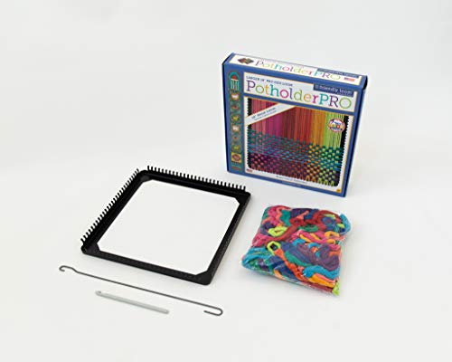 Friendly Loom 10" PRO Size Black Potholder Metal Loom Kit with Bright Rainbow Color Cotton Loops to Make 2 Potholders, Weaving Crafts for Kids & Harrisville Designs