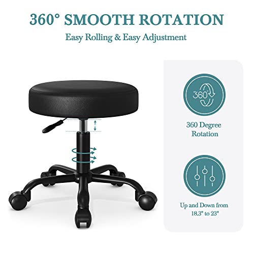 HOOMIC Rolling Stool Swivel Salon Shop Stool Chair Adjustable Drafting Stool Massage Spa Stool with PU Leather Cushioned in Black… - WoodArtSupply