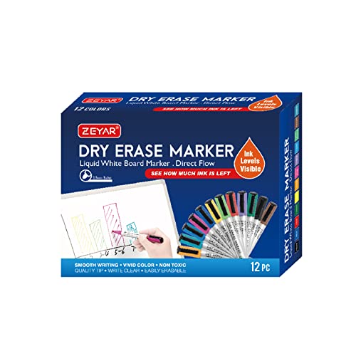 ZEYAR Dry Erase Marker Low-Odor Bullet Tip, Whiteboard Marker Ultra-Large  Capacity, Advanced Direct Flow Structure, Assorted Colors (12 Colors)