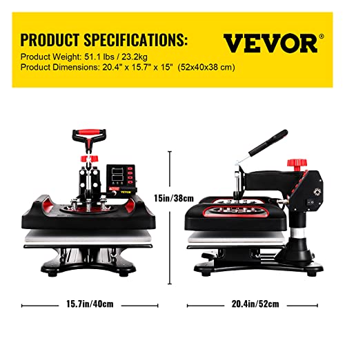 VEVOR Heat Press, Upgrade 5 in 1 Heat Press Machine for T-Shirt Hat Cap Mug Plate Sublimation, 15x15 inch Anti-Scald Fast Swing Away Digital Control VEVOR