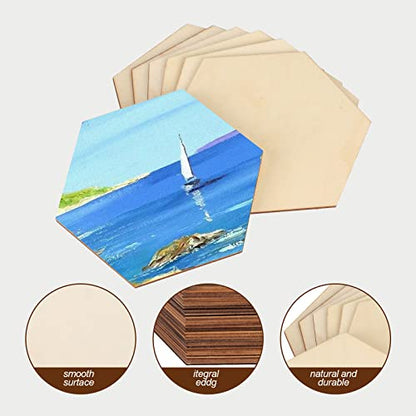 50PCS Unfinished Blank Wood Pieces, 4 Inch Natural Hexagon Wooden Slices Cutouts for DIY Crafts Pyrograph Painting Staining Burning Engraving Carving Coasters