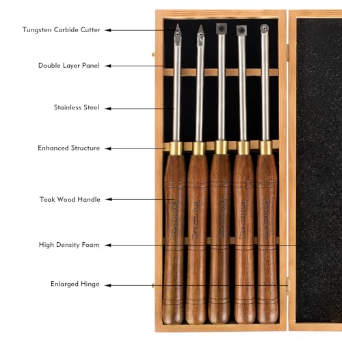 IMOTECHOM 5-Pieces Carbide Tipped Woodturning Tools Lathe Chisel Set with Stainless Steel Blade, Wooden Box IMOTECHOM