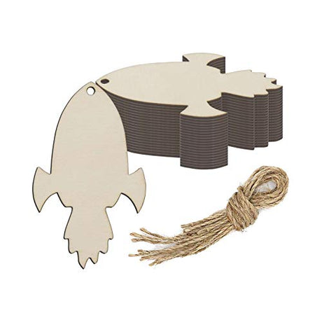 Rocket Shaped Wood DIY Craft Cutout Hanging Ornaments with Hole Hemp Ropes Gift Tag Perfect for Wedding Birthday Outer Space Themed Party Decoration Creaides
