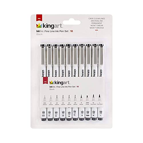 KINGART 430-10 PRO Inkline Micro Line & Precision Graphic Pens, 10 Assorted Nibs, Archival Waterproof Black Japanese Ink for Art, Illustration, - WoodArtSupply