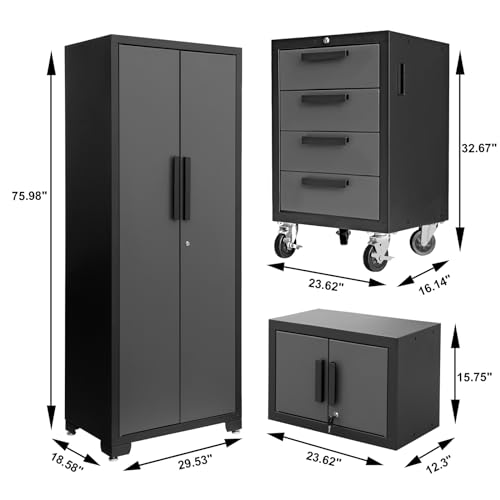Torin AGP0112B Garage Cabinet Storage System with Lockers,Shelves and Wood Workbench, 76.8" L×18.5" W×75.79" H, Black/Grey Torin