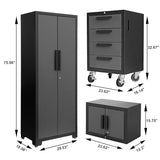 Torin AGP0112B Garage Cabinet Storage System with Lockers,Shelves and Wood Workbench, 76.8" L×18.5" W×75.79" H, Black/Grey Torin