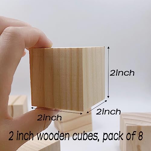 Wood Blocks for Crafting, 2 inch Wooden Cubes, Pack of 8 Natural Pine Wood, Unfinished Wood Blocks Great for DIY Crafts Making GMETNIC