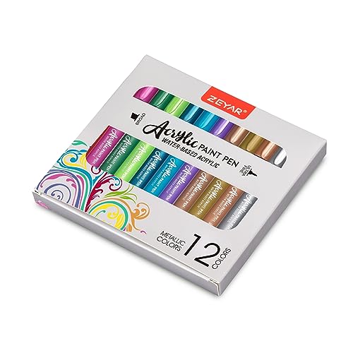 ZEYAR Acrylic Paint Pen, Needle Extra Fine and Chisel Point, 12 Metallic Colors, Waterproof Ink, Works on Rock, Wood, Glass, Metal, Ceramic and More ZEYAR