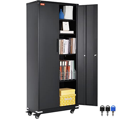 VEVOR Metal Storage Cabinet with Wheels, 75'' Locking Steel Storage Cabinet with 2 Magnetic Doors and 4 Adjustable Shelves for Office, Garage, Home VEVOR
