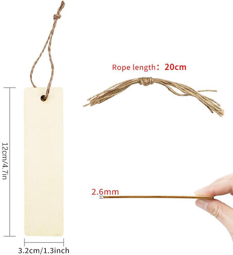 WYKOO 50 Pcs Blank Wooden Gift Tags Labels, Rectangle Wood Crafts DIY Blank Hanging Gift Tags Ornaments with Ropes, Blank Wood Bookmarks, 4.7x1.3 WYKOO