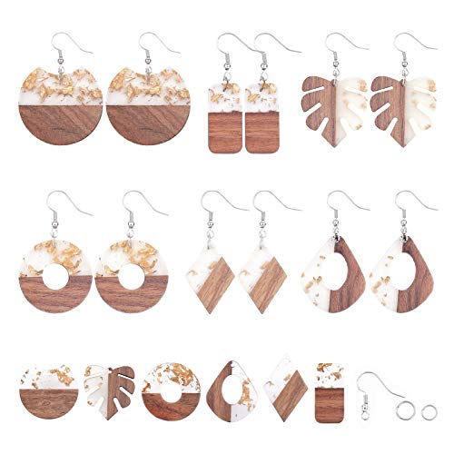 SUNNYCLUE 6 Pairs Resin Wood Dangle Drop Earring Making Starter Kit Round Rectangle Leaf Jewelry Pendants Making Supplies for Women Beginners, SUNNYCLUE