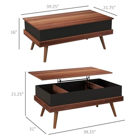 HOMCOM Lift Top Coffee Table with Hidden Compartment, 39.25" Wooden Center Table with Safety Hinges and Wood Legs for Living Room, Home Office, HOMCOM