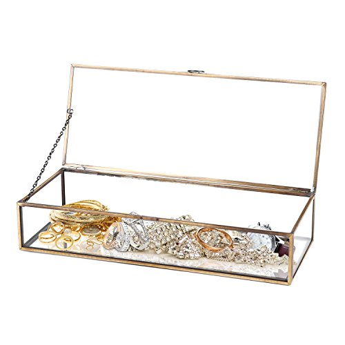 MyGift Glass Jewelry Box, Vintage Style Brass Metal & Clear Glass Mirrored Shadow Box Jewelry Display Case with Hinged Top Lid