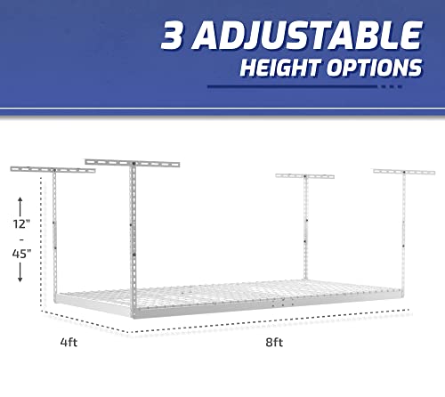 SafeRacks 4x8 Overhead Garage Storage Rack Heavy Duty - White (18"-33") - Holds 600 lb - WoodArtSupply