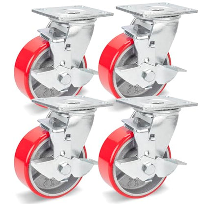Nefish 5 Inch Industrial Casters Set of 4, Heavy Duty Casters with Brake 4000 Lbs, No Noise Polyurethane Wheel on Steel Hub, Swivel Plate Caster