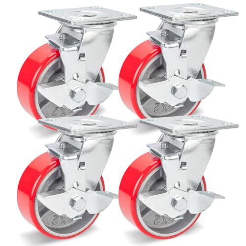 Nefish 5 Inch Industrial Casters Set of 4, Heavy Duty Casters with Brake 4000 Lbs, No Noise Polyurethane Wheel on Steel Hub, Swivel Plate Caster - WoodArtSupply