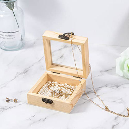 Useekoo 2Pcs Small Wooden Box with Hinged Lid, 3.5'' x 3.5'' x 1.8'' Unfinished Wood Gift Box with Glass Lid, Small Wooden Jewelry Box for DIY and