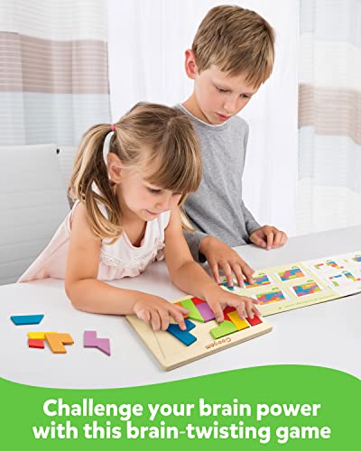 Coogam Wooden Puzzle Blocks Geometric Tangram Brain Teasers Jigsaw 3D Logic IQ Game Colorful Shape Pattern Montessori STEM Educational Toys Gift 60 Coogam