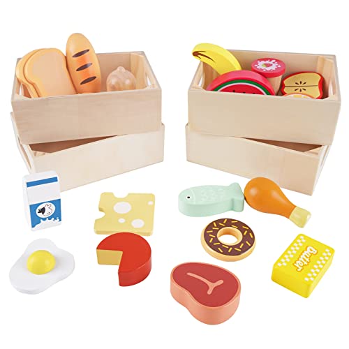 Food Groups - Wooden Play Food Sets, Pretend Play Kitchen Toys, Toy Food Accessories for Toddlers 1-3, Wood Play Fake Food for 1 2 3 Year Old Boys KMTJT