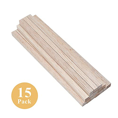 Balsa Wood Sticks 1/2 Inch Square Dowels 12" Long - Pack of 15 by Craftiff (15 Pcs)