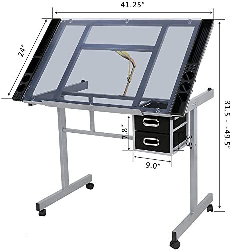 JupiterForce Adjustable Drafting Table Art Desk Drawing Table Versatile Art Craft Work Station Glass Tabletop w/2 Slide Drawers and Wheels for JupiterForce