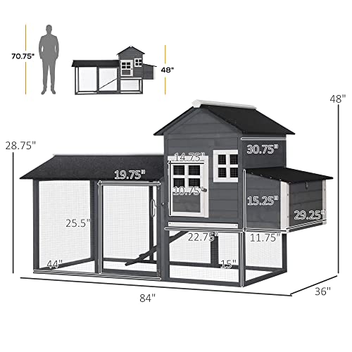 PawHut 84" Wooden Chicken Coop, Hen House Outdoor with Run Nesting Box, Asphalt Roof, Removable Tray, Ramp, Poultry Cage for 2-3 Chickens, Gray - WoodArtSupply