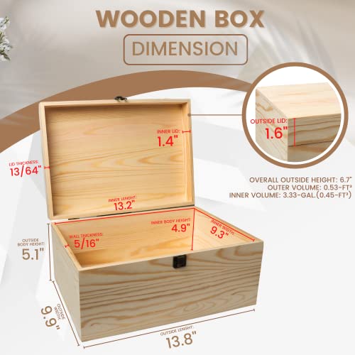 VIKOS Products 13.8x9.9x6.7-Inch/ 3.33-Gal. X-Large Unfinished Wooden Box for DIY Crafts & Storage with Hinges & Retro Front Clasps - Natural Pine - VIKOS Products