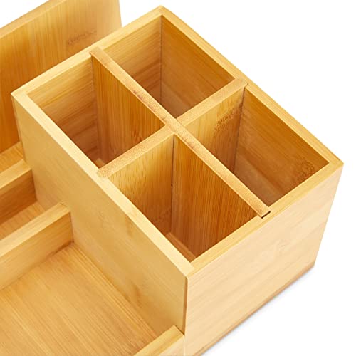 Juvale Bamboo Desk Organizer, Wooden Desk Accessories Workspace Organizers, Holder for Pencils, Pens, Tabletop Storage with 7 Compartments for Office - WoodArtSupply