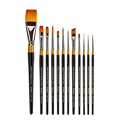 KINGART Premium Original Gold Series Handcrafted Golden Taklon Multimedia Artist Brushes, Gift Box, Set of 12, Black Glosss Handle, for Oil, Acrylic, KINGART