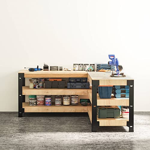 FLEXIMOUNTS Universal Steel Workbench Kit 5 Legs L Shaped Heavy Duty Work Bench for Garage Storage Shelving Workbenches Frame Black Customizable Work FLEXIMOUNTS