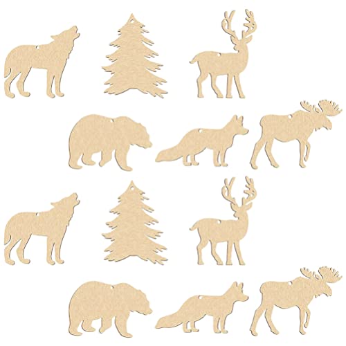 Sewroro 30pcs Unfinished Wooden Cutouts DIY Animal Wood Slices Elk Xmas Tree Fox Wolf Blank Discs Xmas Tree Hanging Ornament Decoration for DIY