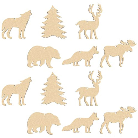 Sewroro 30pcs Unfinished Wooden Cutouts DIY Animal Wood Slices Elk Xmas Tree Fox Wolf Blank Discs Xmas Tree Hanging Ornament Decoration for DIY Sewroro