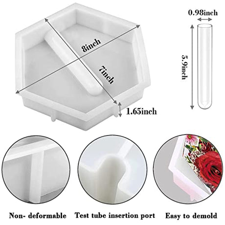 Large Hexagon Silicone Molds for Resin, Glossy Deep Epoxy Resin Molds 9" w/3 Test Tubes，3D Large Resin Molds for Flowers Preservation,Resin Art, DIY ZtohPyo